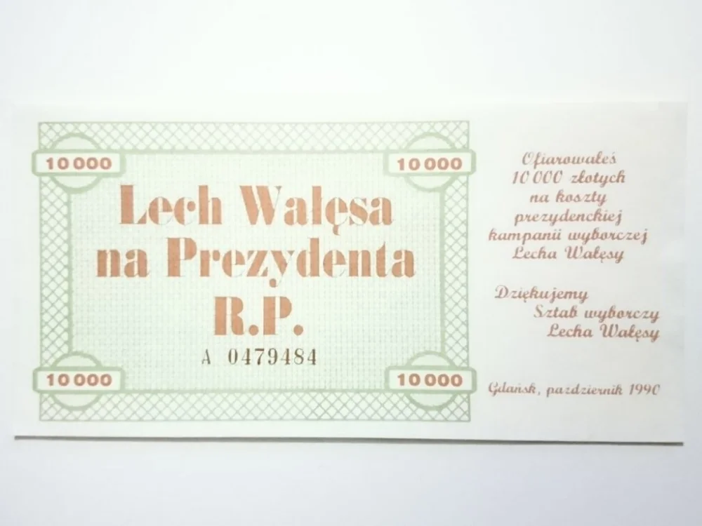 10 000 ZŁ A 0479484 LECH WAŁĘSA NA PREZYDENTA R.P. Wysoka jakość