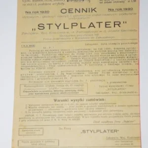 Hit sprzedaży CENNIK "STYLPLATER" NA ROK 1930. Cennik firmy działającej w Zakopanem.