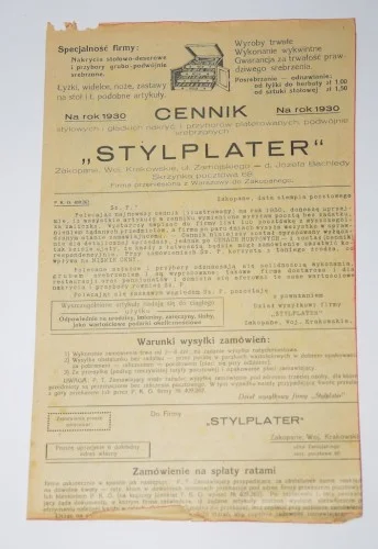 Hit sprzedaży CENNIK "STYLPLATER" NA ROK 1930. Cennik firmy działającej w Zakopanem.