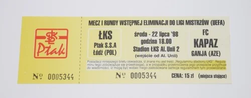 Bilet z meczu: ŁKS Łódż - FC Kapaz Ganja. 22.07.1998. 1 runda kwalifikacji do Ligi Mistrzów UEFA. Tylko dziś