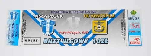 Bilet z meczu: Wisła Płock - FK Ventspils. 28.08.2003. 2 runda kwalifikacji do pucharu UEFA. Sprawdź teraz